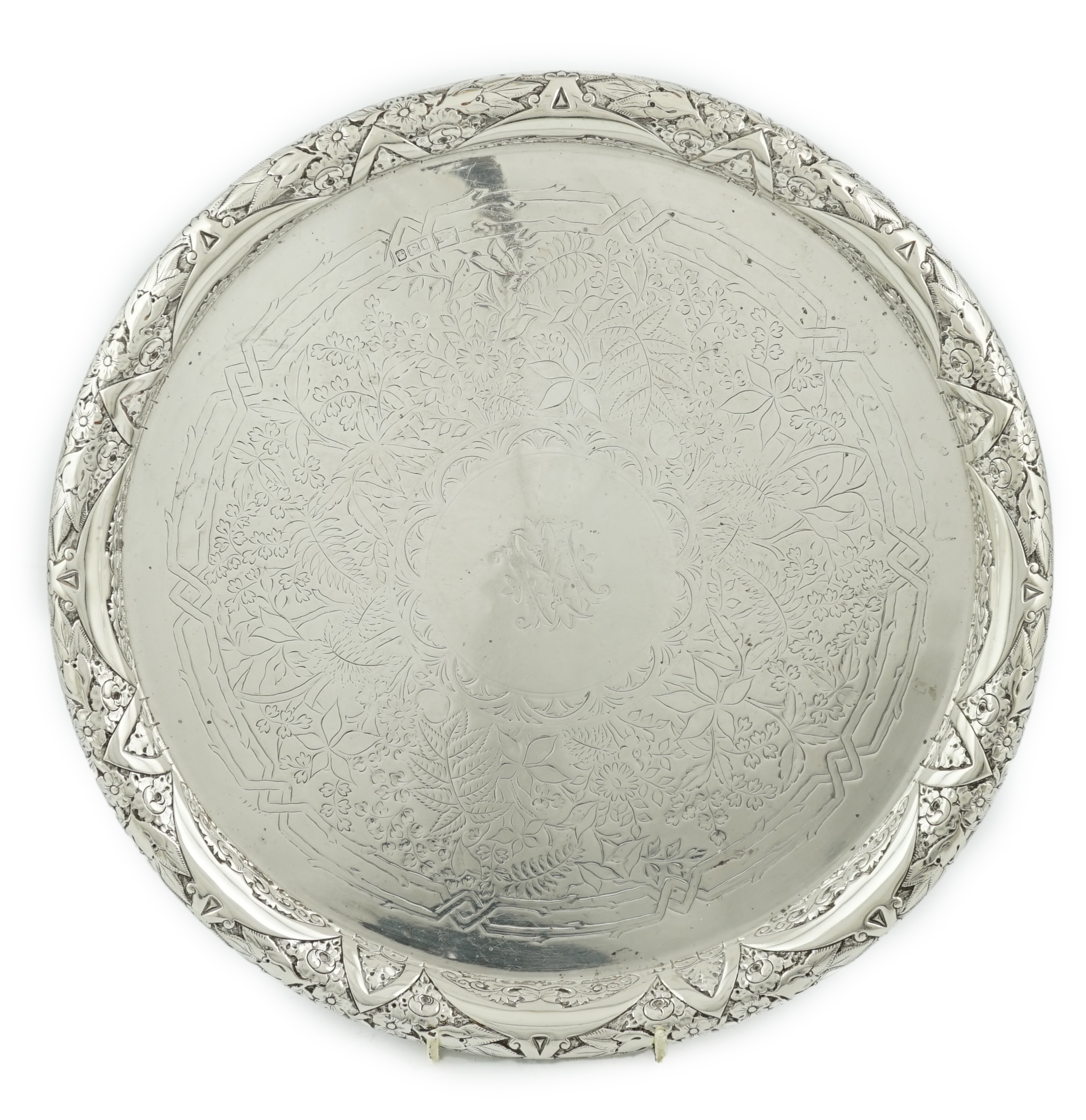 A George V silver circular tray, by Walker & Hall